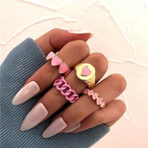 Y2K Gold & Pink Heart 4 Piece Ring Set